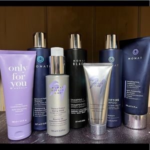 Brand new Monat shampoos, conditioners, thermal shield and curl cream